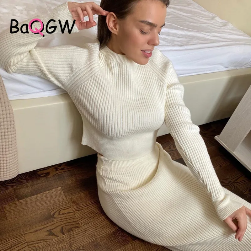 Women Knitted Set Winter Long Sleeve Pullover Sweater+ Skirt Sets Solid Color Knit 2 Piece Set Ladies Casual Knitted Warm Suit