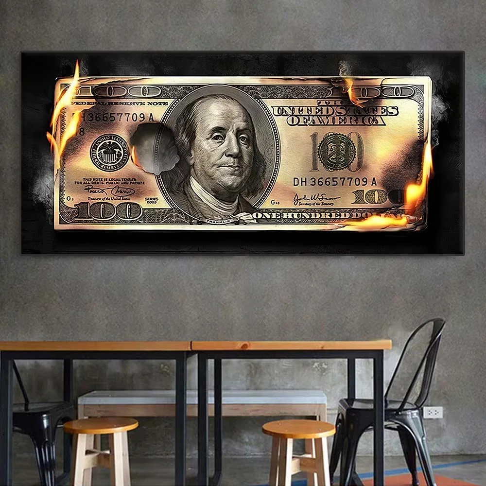 

Design Money Wall Art Burning US Dollar Canvas Painting Creative 100 Dollars Poster And Picture Living Room Wall Decor Painting