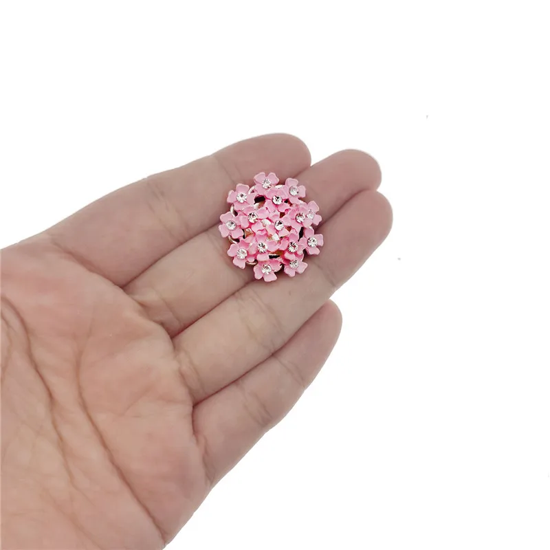 5pcs/pack Enamel Pink Rhinestone Flower Cabochons Alloy Flatback For Jewelry Making Findings Scrapbook Crafts Phone Case Decor