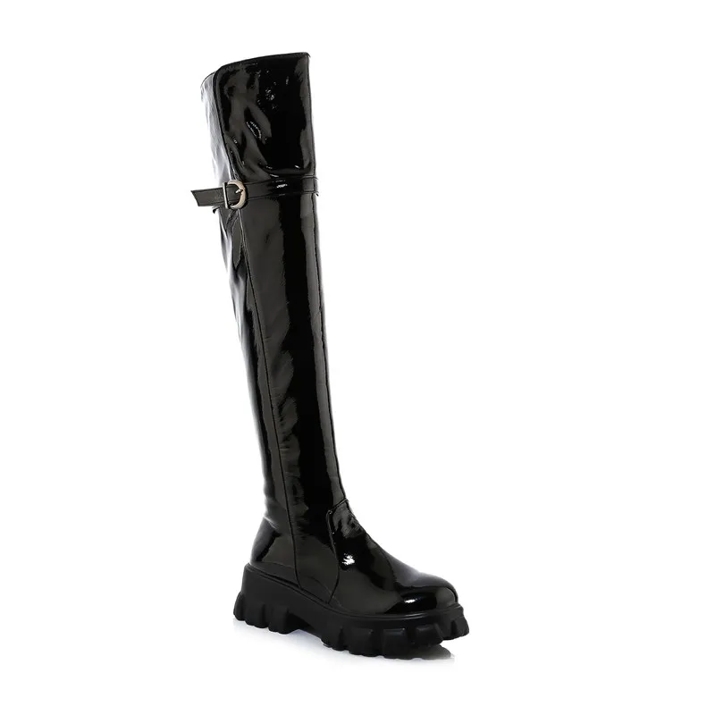 MORAZORA 2024 Large size 33-46 winter keep warm over the knee boots fashion patent leather buckle black color women boots