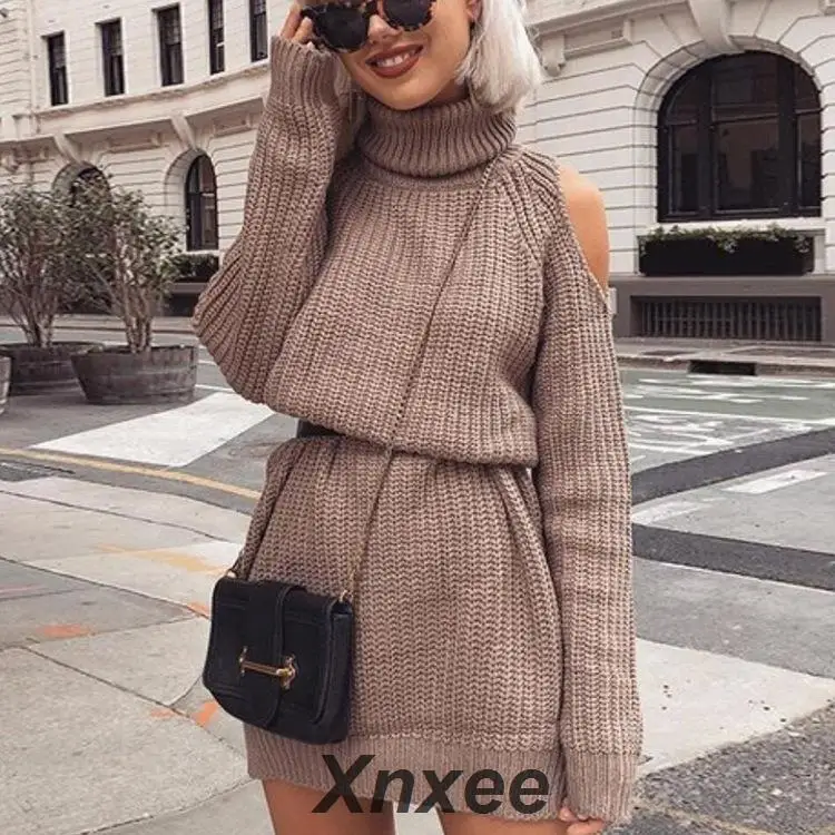 

Autumn Winter Turtleneck Off Shoulder Knitted Sweater Dress Women Solid Slim Long Pullovers Knitting Jumper Xnxee