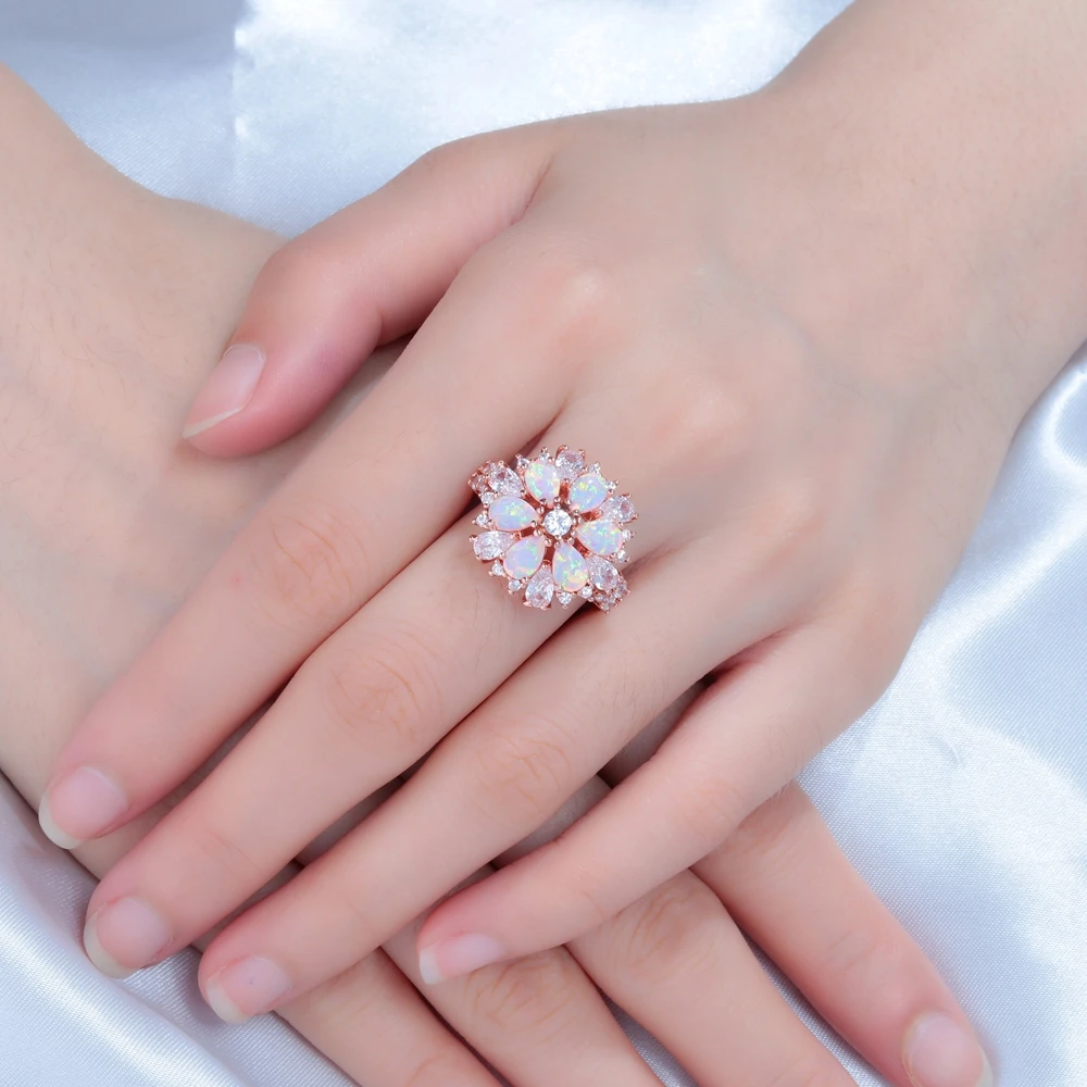 CiNily Lavish Large Pink Fire Opal Rings With Stone Rose Gold Color Clear Crystal Flower Flora Cherry Blossom Jewelry Woman Girl