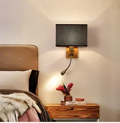 Chinese corridor bedside lamp wood Led wall lamp Nordic bedroom cloth fabric reading lighting fixture hotel room led wall sconc