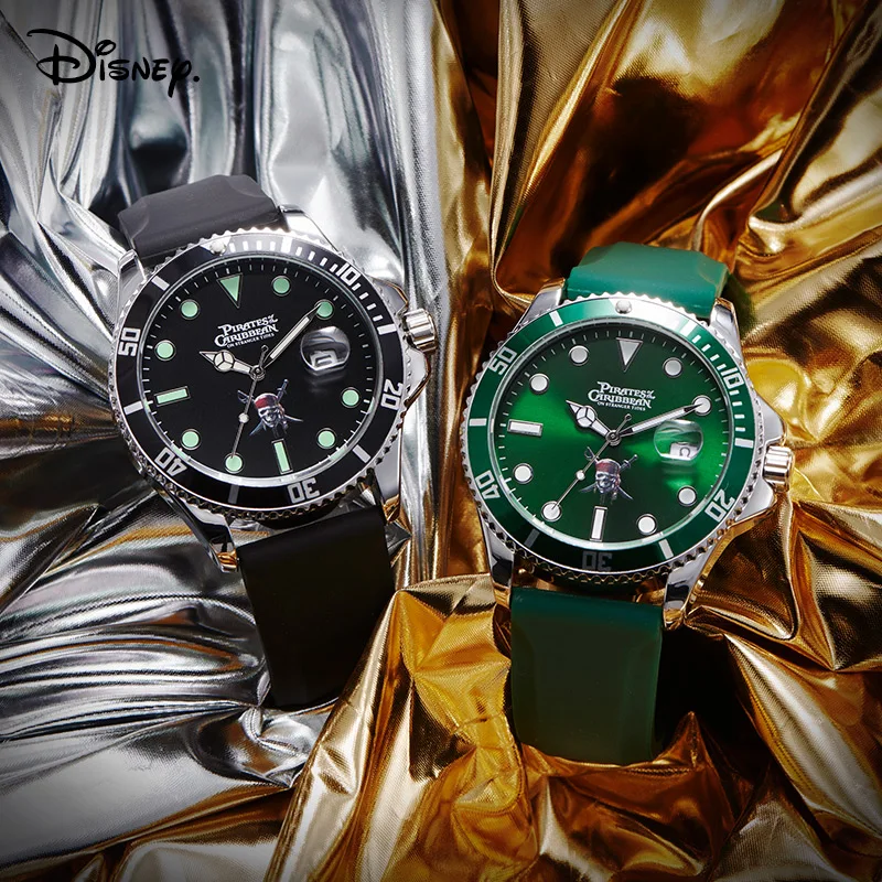 Disney Official Pirates of the Caribbean Cartoon Men Casual Quartz Wrtistwatches Silicone Band Green Water Ghost Gentlemen Gift