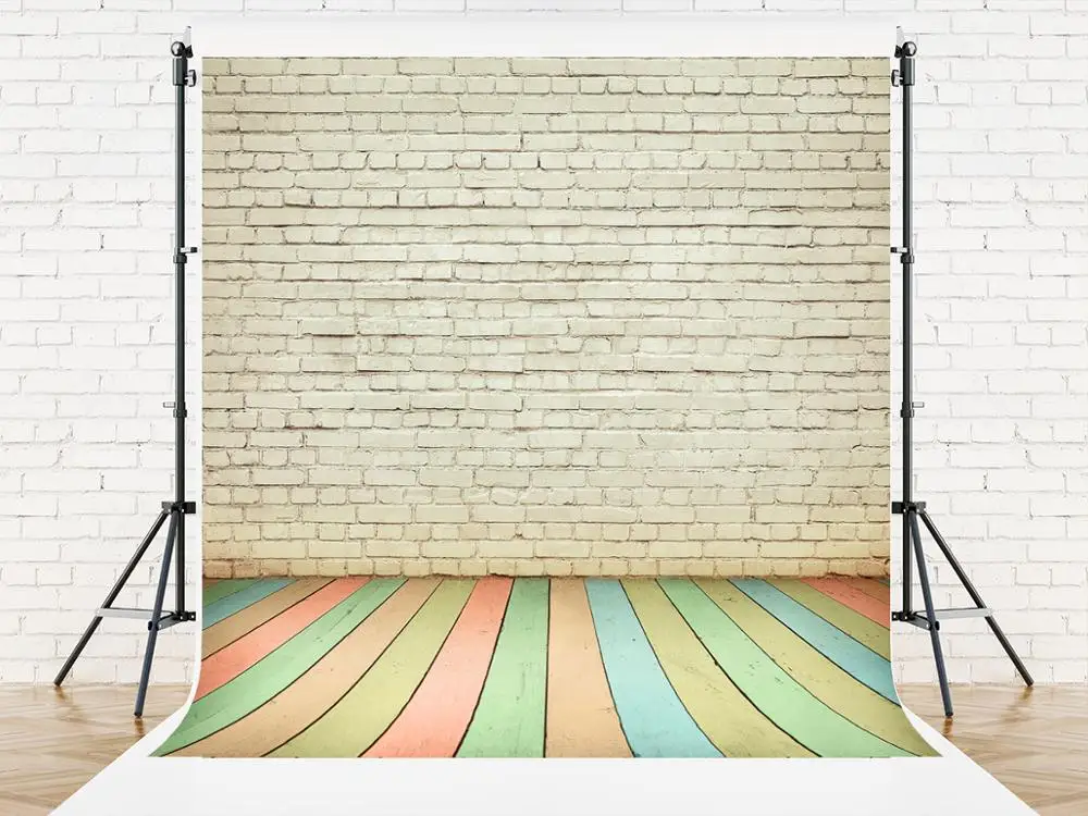 VinyBDS White Brick Wall Photography Backgrounds Colorful Wooden Photography Studio Backdrop Children Photo Studio Photographic