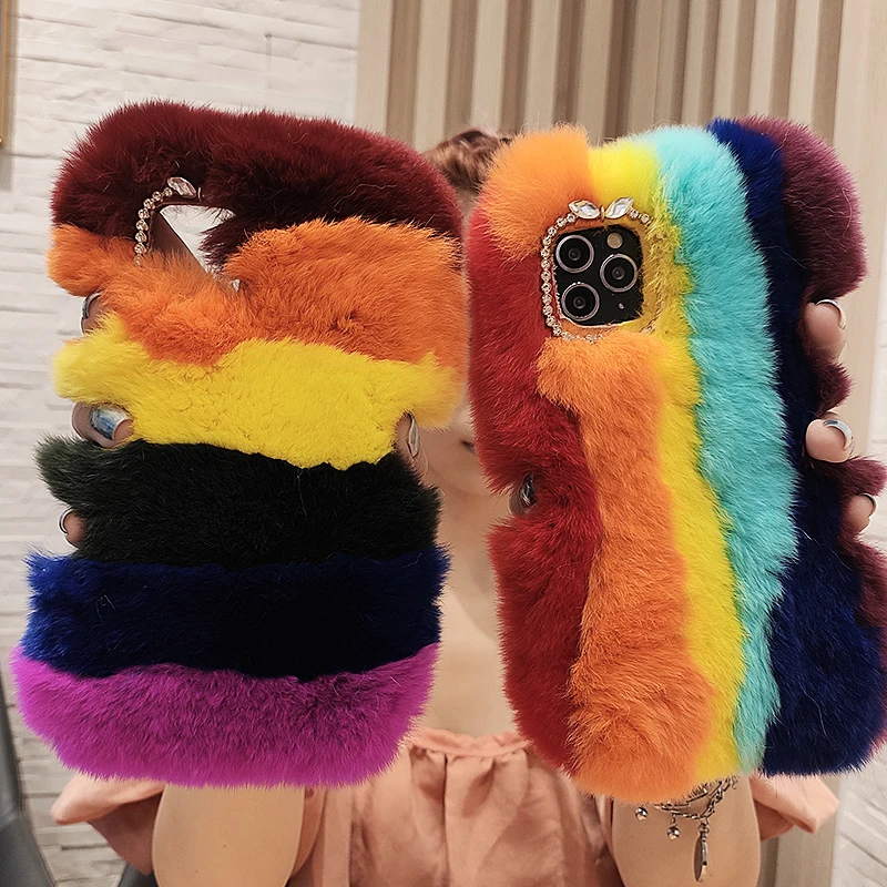 Fashion Colorful Rainbow Super Soft Real Rabbit Fur Case Cover For iPhone 14 13 12 Mini 11 Pro Max XS Max XR X 8 7 6 6S Plus SE