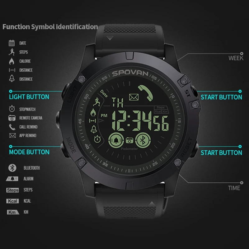 SPOVAN Brand Sport Watch for Men Women Waterproof Smart Bluetooth Calorie Counter Fitness Digital Wristwatch Fashion Clock Reloj