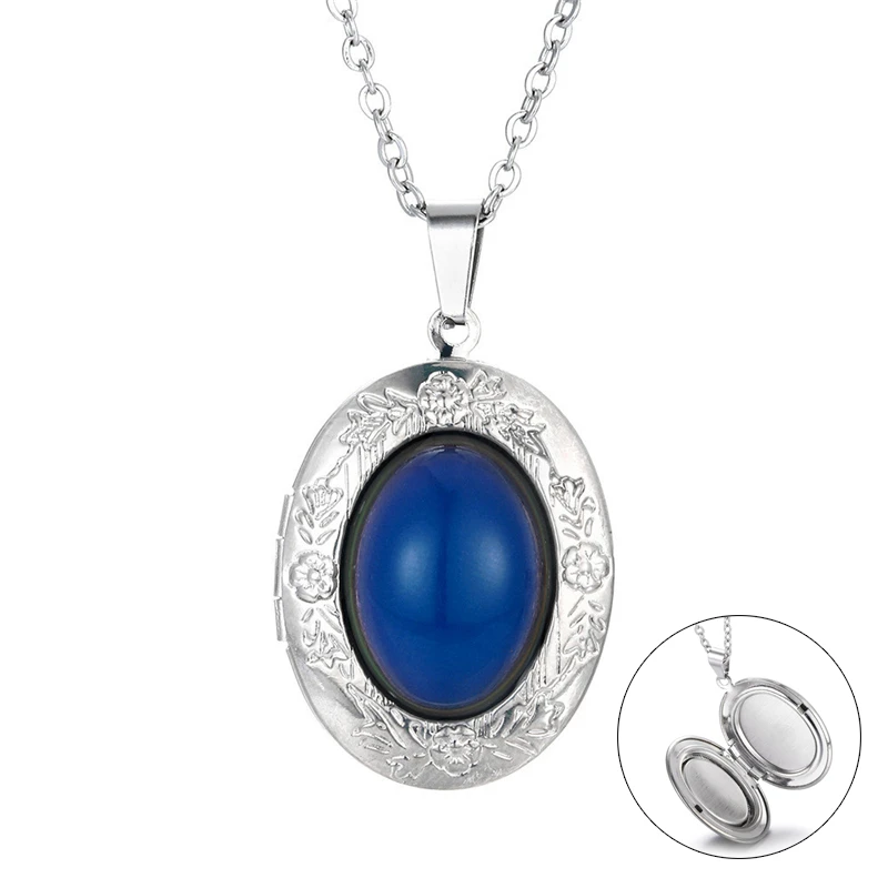 Silver-plated Chain Oval Floating Photo Locket Necklace Classic Temperature Change Color Mood Pendant Open Necklace Xmas Gift