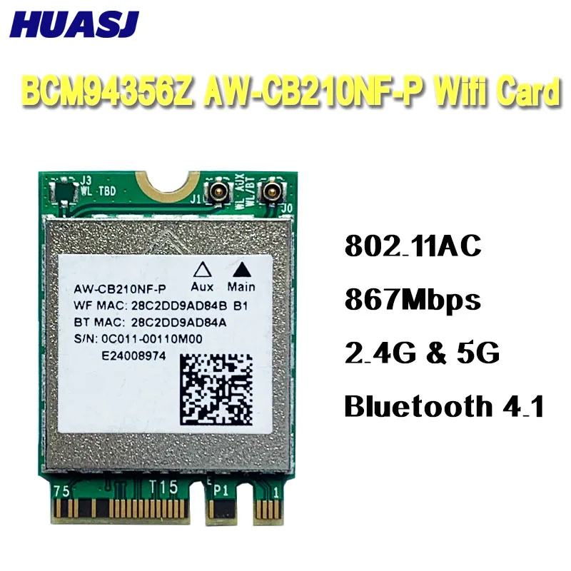 Huasj Dual Band Adapter for BCM94356Z AW-CB210NF-P NGFF M.2 WiFi 867Mbps Wireless Card + BT 4.1 AC Card