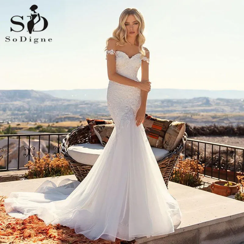 SoDigne Weiß Mermaid Brautkleider Weg Von der Schulter Appliques Spitze Land Brautkleider Boho Hochzeit Kleid Robes De Mariee