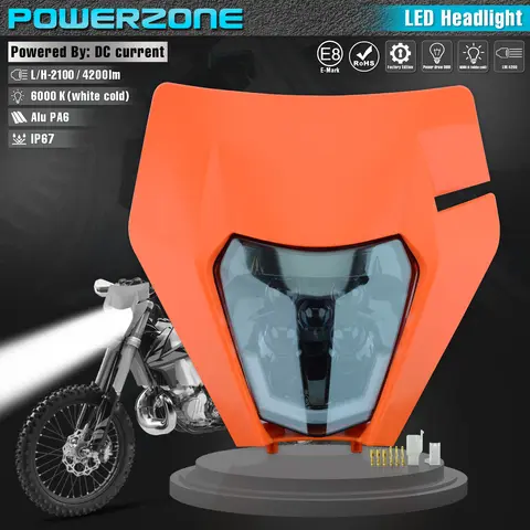 PowerZone Motorcycle LED Headlight Headlamp Head Light Supermoto Fairing For KTM EXC SXF MX Dirt Bike Enduro LED Headlight 10 best sales faro led beta - №10