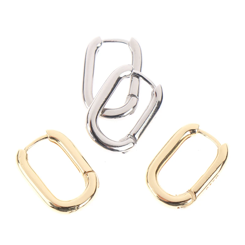 1 Pair Simple Design Geometric Rectangular Lock Buckle Metal Oval Shape Small Hoop Earrings Women Party Jewelry