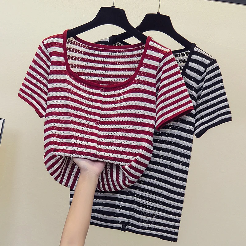 

L-4XL size women fashion hollow out sweater pullover 2021 loose casual short sleeve Stripe kint t shirt Oversized sweaters