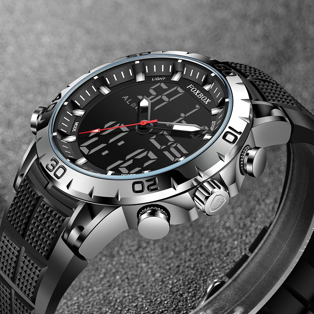 FOXBOX Sport Mens Watches Top Brand Luxury Dual Display Quartz Watch For Men Military Waterproof Clock Digital Electronic Watch