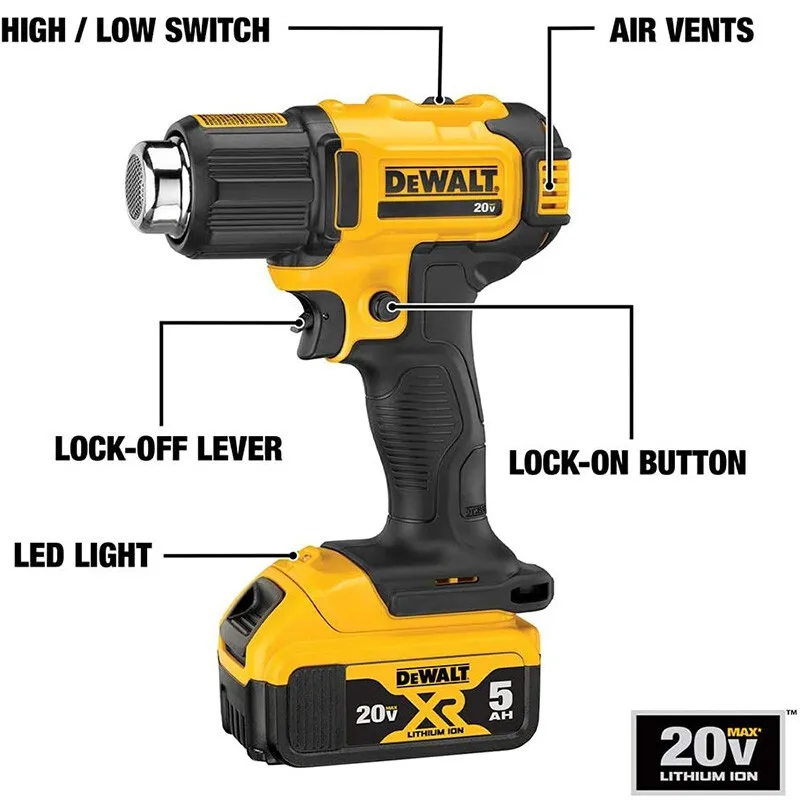 DEWALT 20V Lithium Battery Heat Gun Advanced Hot Air Gun Temperatures Adjustable With Two Nozzles Industrial Electric Heat Gun