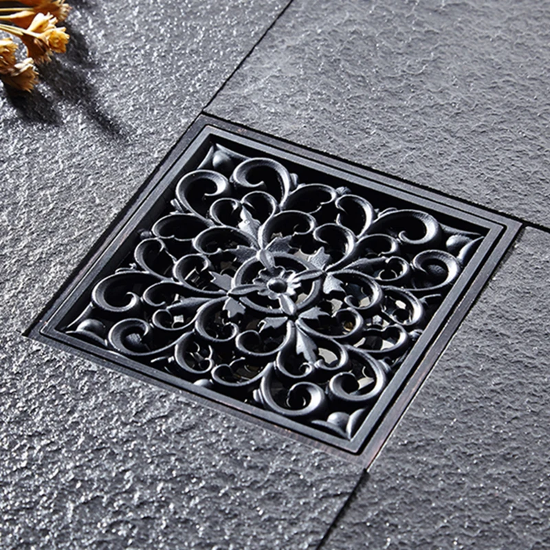 4 inch Floor Drain Euro Style Black Oil Finish Brass Flower Art Carved Floor Drains Square Floor Drain Strainer 10*10cm