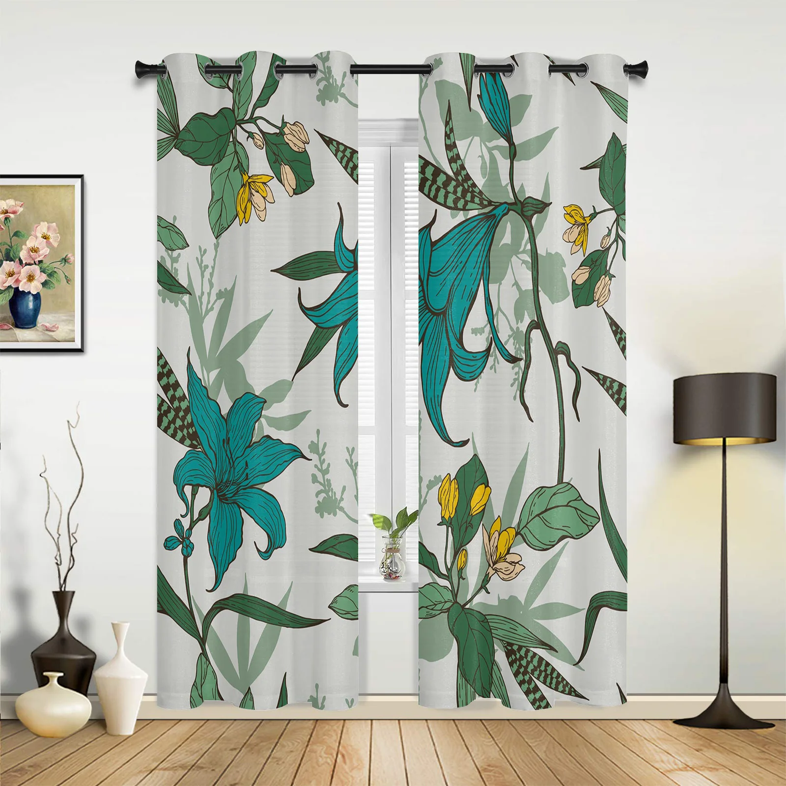 Flower Plant Illustration Kitchen Curtain Kids Bedroom Living Room Balcony French Windows Curtain Fabric Pergola Bathroom