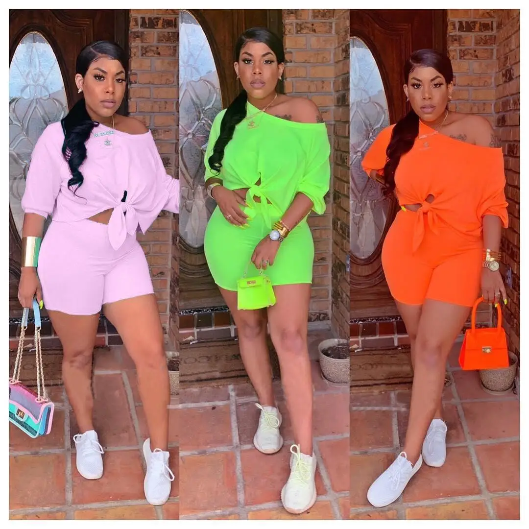 

women new summer three quarter length sleeve tie up hem off shoulder top shorts suit two piece set tracksuit outfit