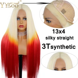 YYsoo blond pomarańczowy czerwony Ombre syntetyczna koronka przodu peruki 3 Tone 613 długie proste 13x4 Glueless przodu koronkowa peruka środkowa część peruki