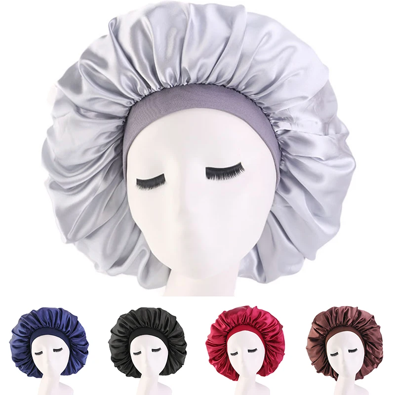 Gorro de dormir sedoso de satén Extra grande con banda elástica Premium para mujer, envoltura de cabeza de Color sólido, gorro de noche con ala