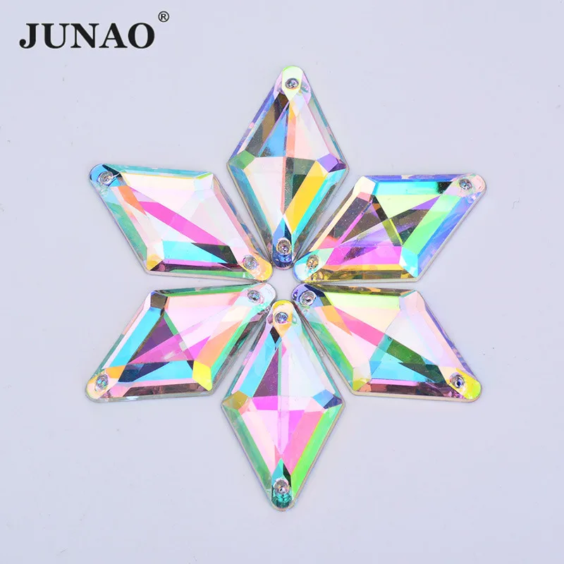 JUNAO 11x18mm 18x30mm AB Crystal Rhombus Rhinestone Applique Sew On Acrylic Stones Flatback Strass Sewing Diamond for Needlework