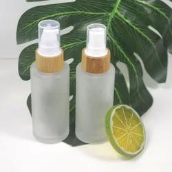 50ml Frosted Glass Lotion Bottle Wood Grain Bamboo Cover Cosmetic Skin Care Product Container Packaging