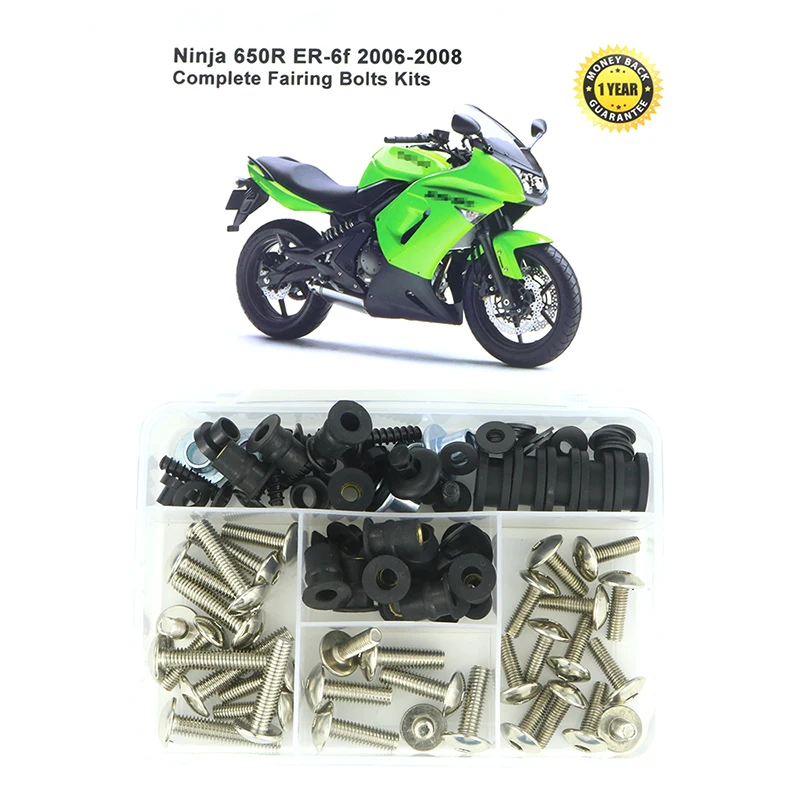 Passend für Kawasaki Ninja 650R ER-6f 2006-2008 Motorrad Komplettes Verkleidungs-Schraubenset Clips Unterlegscheiben Muttern Befestigungselemente Stahl
