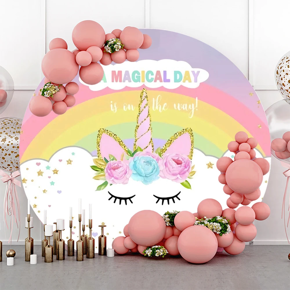 Laeacco Rainbow Unicorn Photo Background Floral Star Baby Newborn Birthday Party Customized Round Circle Photography Backdrop