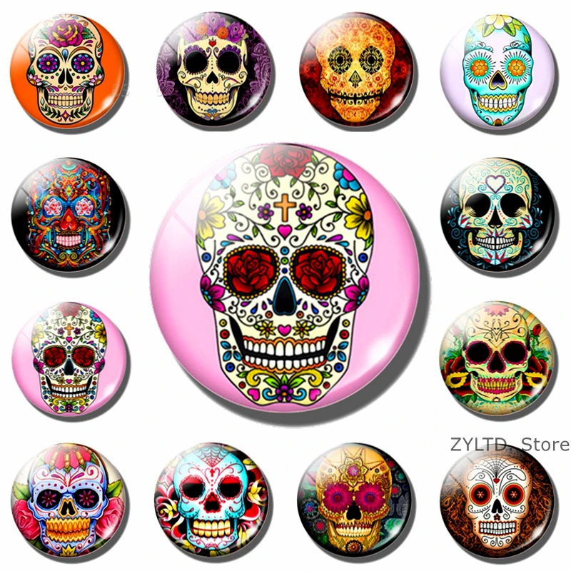 Sugar Skull Fridge Magnet 12PCS Set Mexico Folk Art Cartoon Refrigerator Magnets Skull Stickers 30MM Glass Cabochon Home Decor