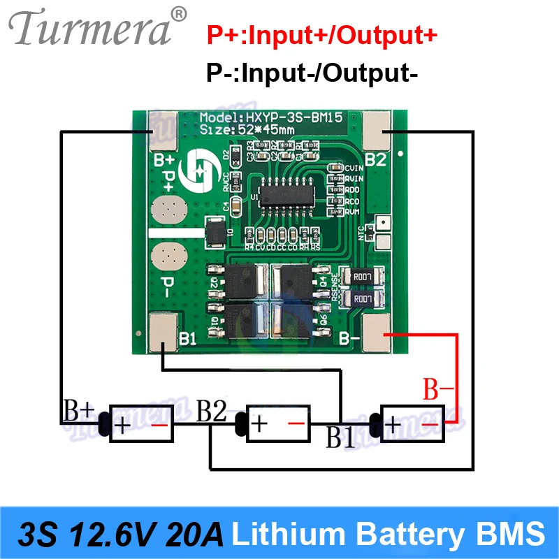 Turmera – carte de protection pour batterie Lithium 3S 12.6V 20A BMS 18650, pour perceuse, tournevis 10.8V 12V, utilisation avec alimentation ininterrompue