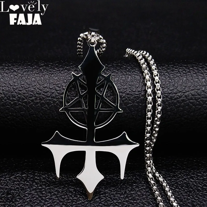 Pentagram Satan Fork Stainless Steel Chain Necklace Men Silver Color Necklace Jewelry Christmas Gift joyas N3002S03