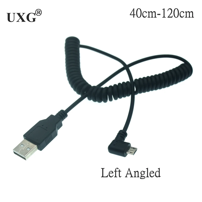 Micro Usb Male 90 degree Right angled to usb male Left / Right Angled Spring Retractable stretch cable sync data charge 1m