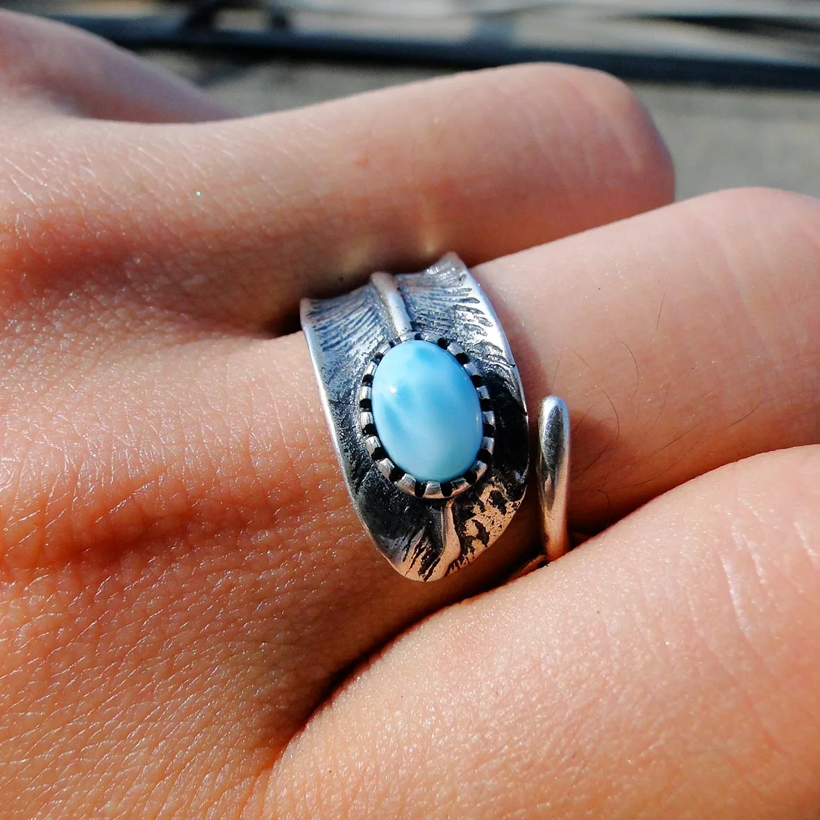 Delicate 925 Sterling Silver Oval Shaped 6x8mm Opening Natural Larimar Jewelry Ring Silver Larimar Leaf Ring