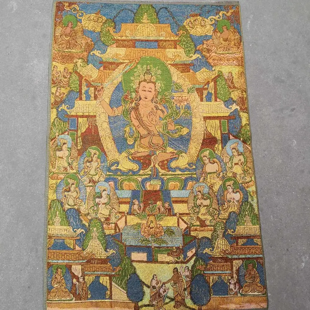 

35"Thangka Embroidery Tibetan Buddhism silk Embroidery brocade Nepal Northern Wei Buddha Manjushri Bodhisattva Buddha Thangka