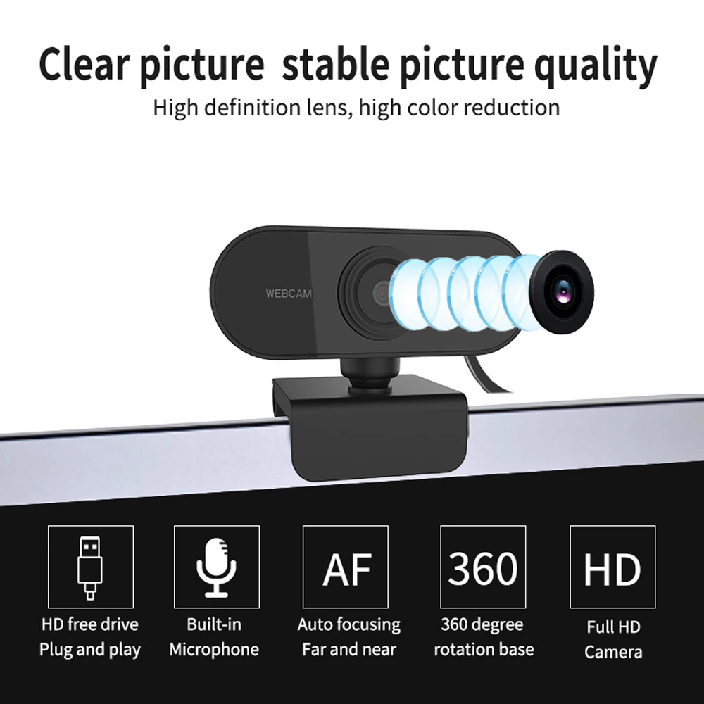 Webcam HD 1080p avec microphone intégré, USB, pour PC, Mac, ordinateur portable, diffusion en direct sur Skype