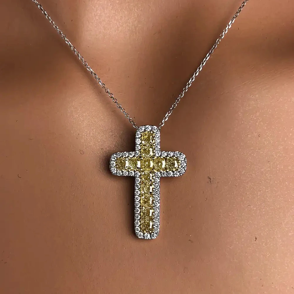 Huitan Lovely Cross Pendant Necklace Bright Yellow Color Cubic Zircon Anniversary Gift Daily Wear Women Necklace Fashion Jewelry