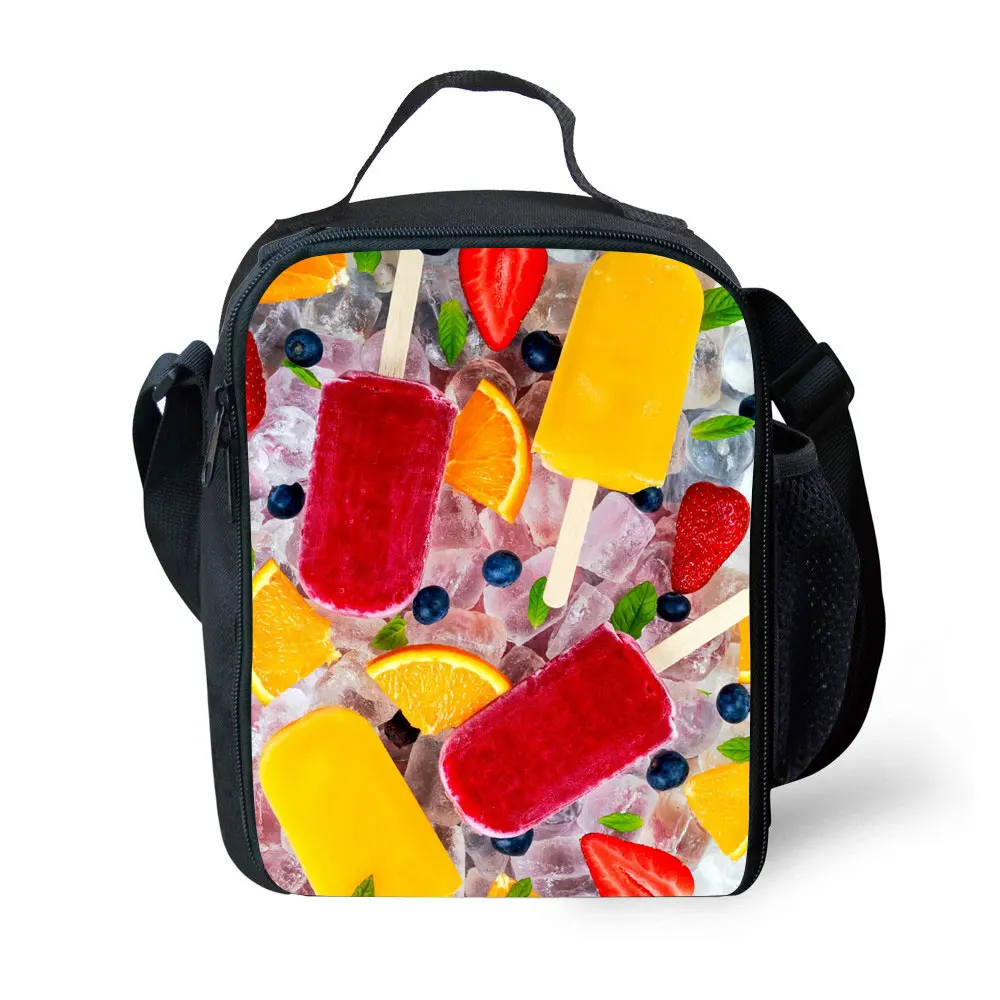 Fruit Ice lolly Print Kids Lunch Bag Durable Insulated Lunchbox Small Black Lunch Box for Children Boys Customized cooler Bag