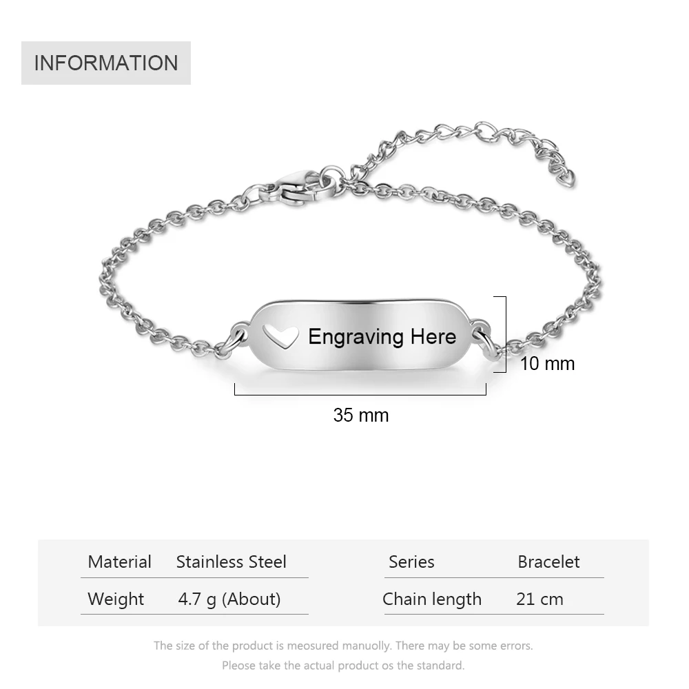 JewelOra Customized Engravable Bar Bracelets for Women Hollow-out Heart Stainless Steel Personalized Bracelets Custom Gifts