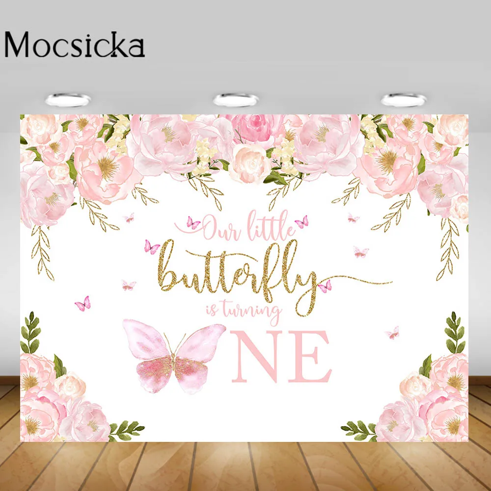 Mocsicka Girl 1st Birthday Party Backdrop Our Little Butterfly Is Turning One Photo Background Pink Purple Flowers Decoration