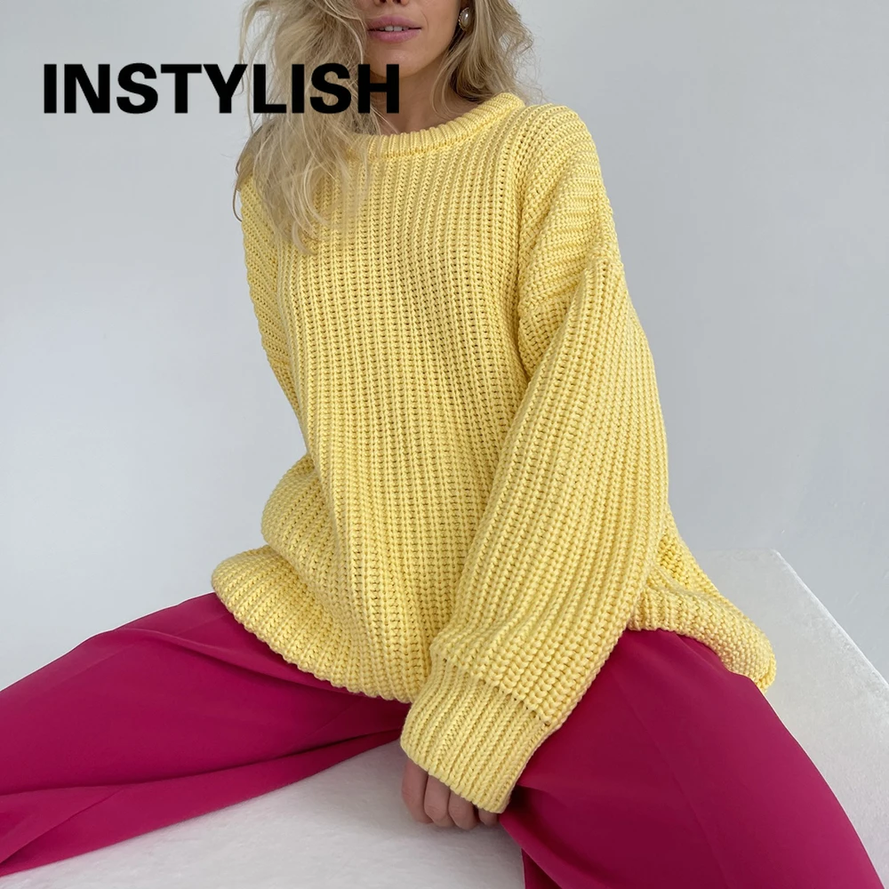 Instylish Long Sleeve O Neck Loose Sweater Elegant Solid Thick Oversized Pullover Vintage Cashmere Knitted Tops Harajuku Jumpers