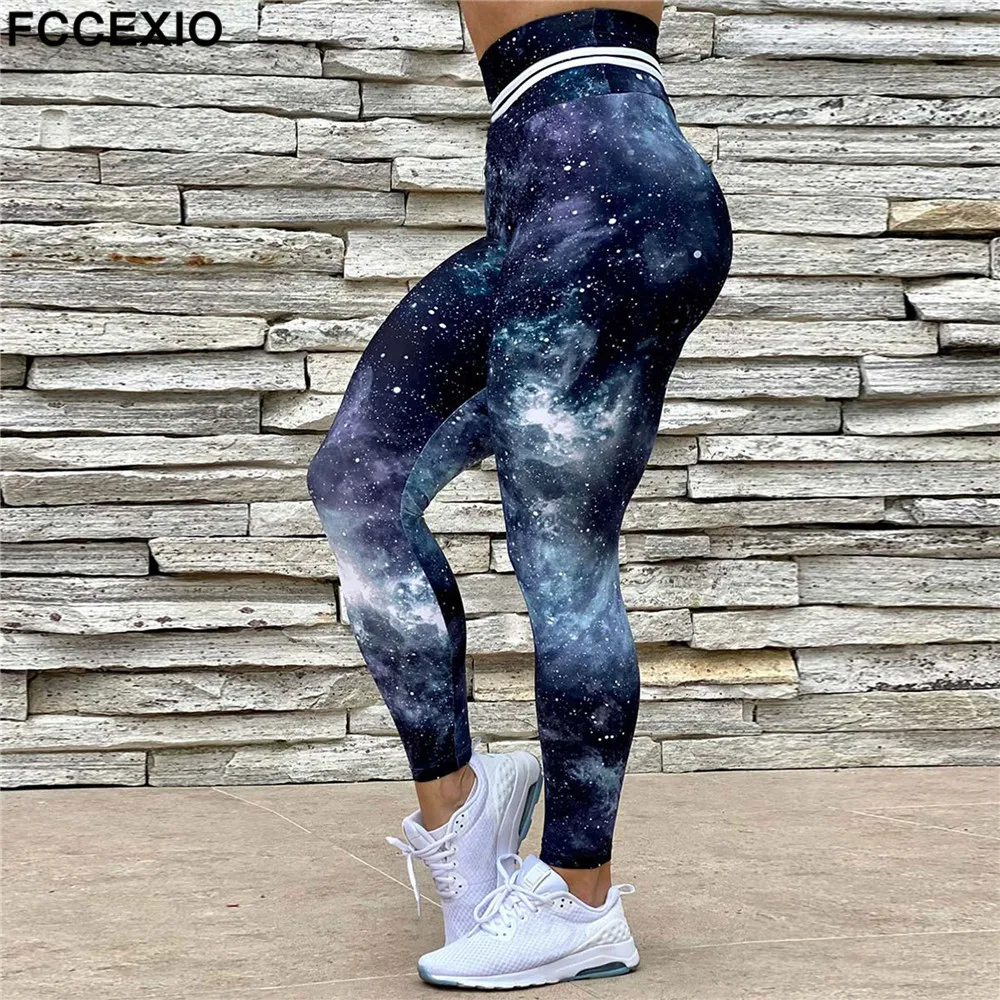 FCCEXIO Acme Galaxy New 3D Print Women Sexy Pants Push Up Running Sports Leggings Slim Pants Casual Trousers Fitness Legging