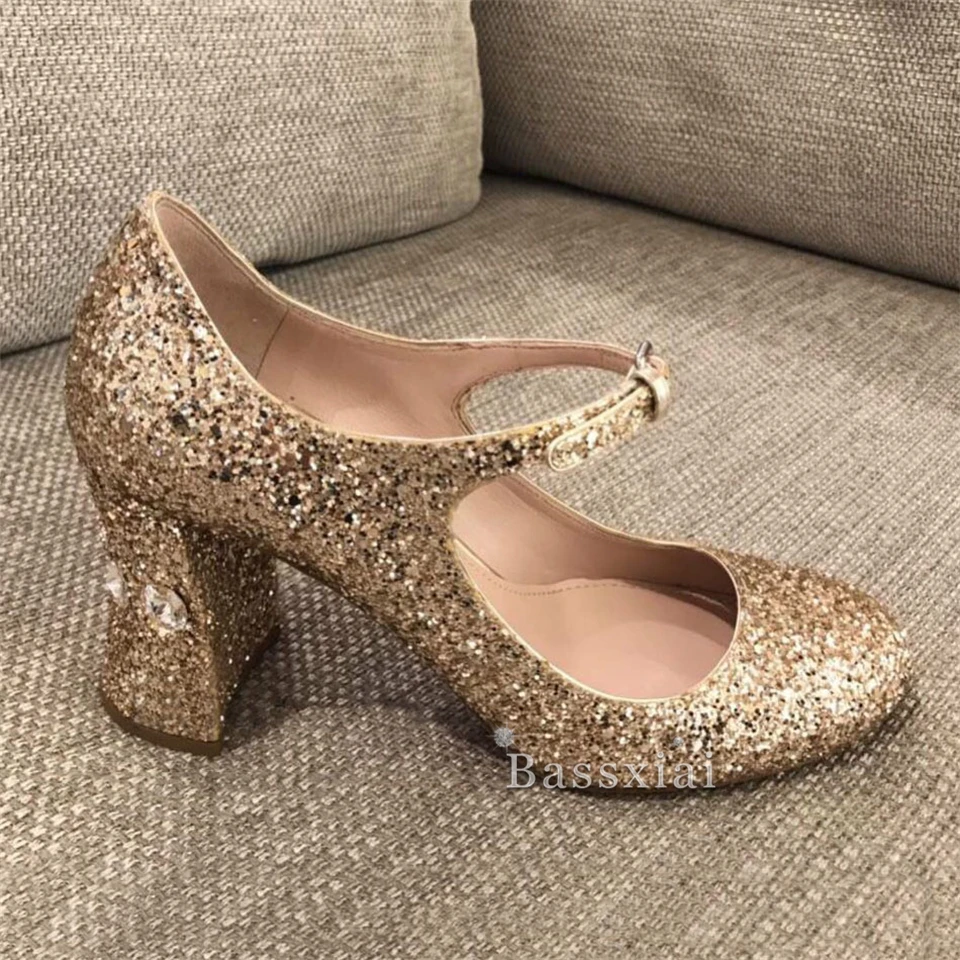 Bling Sequins Mary Janes Jeweled Diamond High Heels Sexy Round Toe Buckle Belt Spring Autumn Crystal Women Pumps