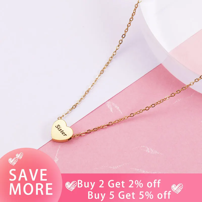 Fnixtar 20Pcs Engrave Sister Heart Pendant Necklaces Stainless Steel Cable Chain Necklaces For Women's Family Member Jewelry