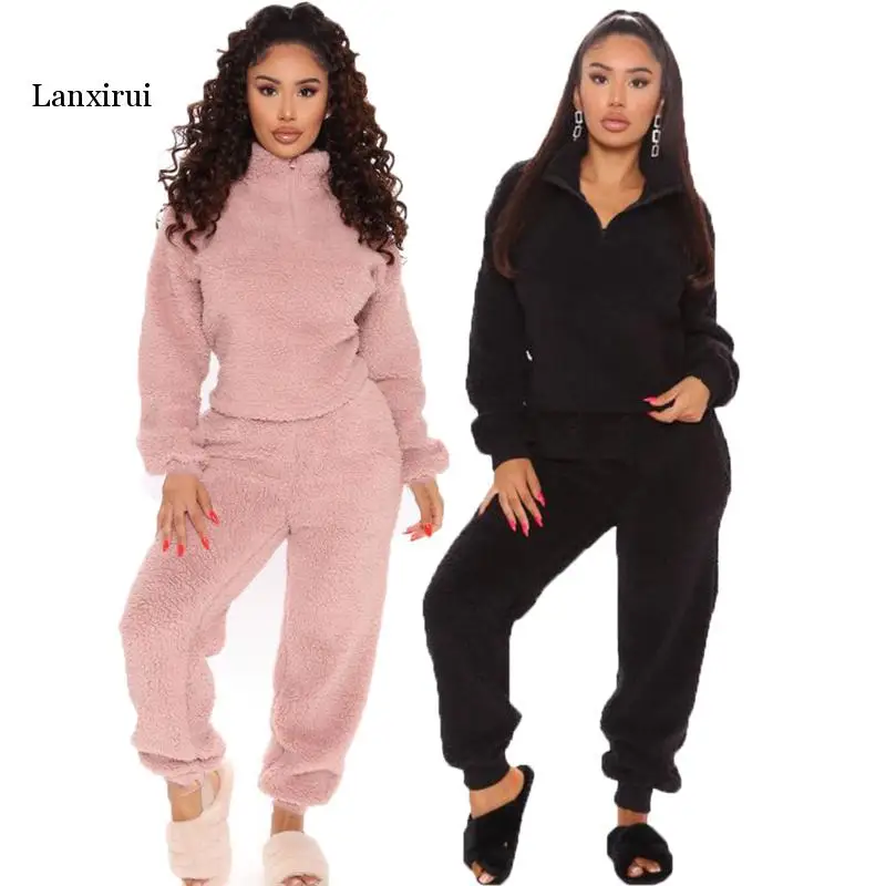 

Lamb Wool Tracksuit Women Two Piece Set Winter Warm Clothing Pullover Sweatshirt Top and Pants Sweat Suits Women's Sets Outfits