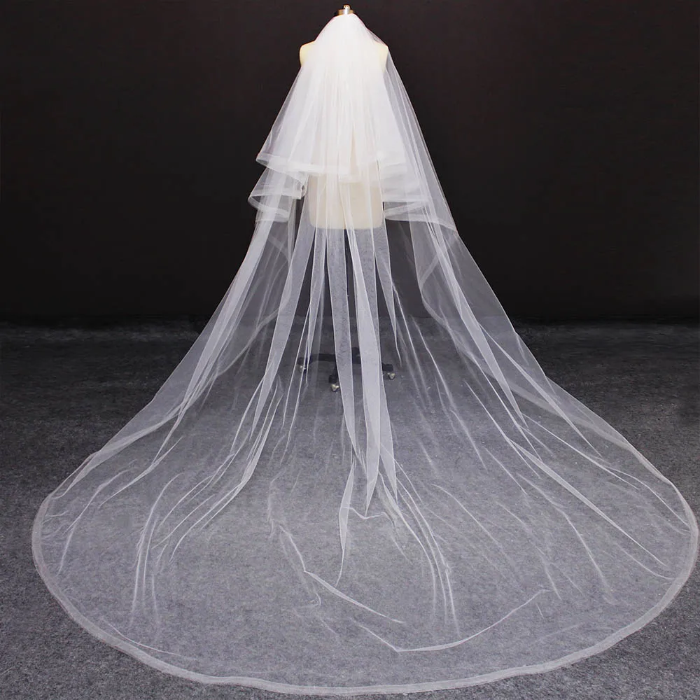 Horsehair 2 Layers Wedding Veil Cathedral Cover Face Bridal Veil White Ivory 3 Meters Long Veil with Comb Wedding Accessories