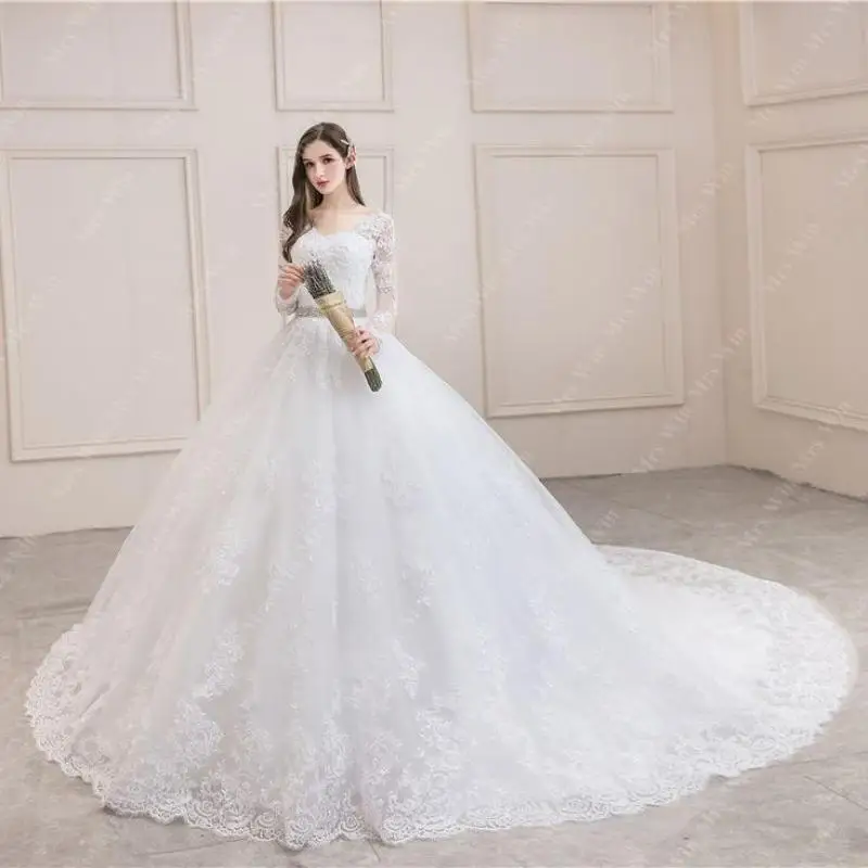 Áo CướI 2022 Full Tay Chữ V Gợi Cảm Càn Quét Tàu Bầu Công Chúa Phối Ren Sang Trọng Đầm Vestido De Noiva Áo Cưới Plus kích Thước