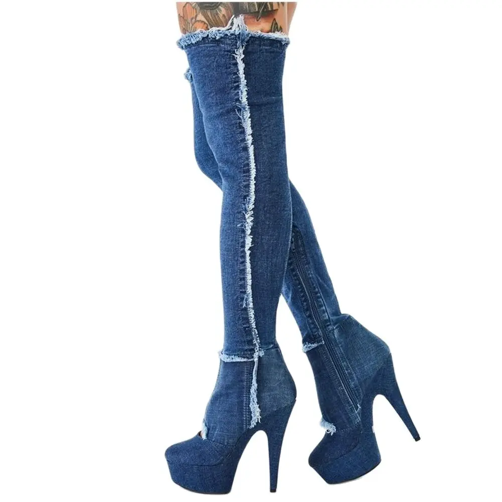 Denim High Platfrom Thigh High Boots Round Toe Thin High Heels Cut Outs Women Concise Autume Winter Party Dress Boots Shoes