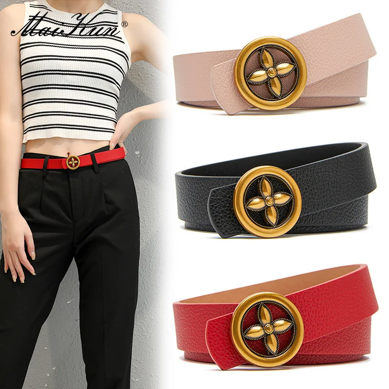 Maikun Plum Blossom Buckle Fashion Ladies Belt Round Buckle All-Match Solid Color Belt For Women For Jeans Trench Coat