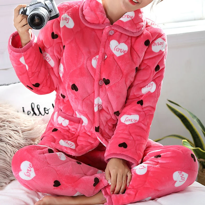 Three-Layer Winter Thick Warm Flannel Women\'s Pajamas Sets Sleepwear Plus Velvet Home Clothing Female Set Woman 2 Pieces Suit