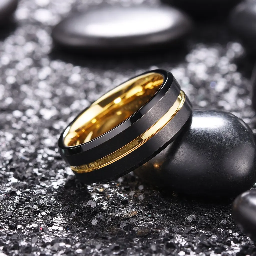 Mode Für Männer 8mm Gold Farbe Nut Abgeschrägte Kante Wolfram Hochzeit Carbon Faser Ring Punk Zahnrad Edelstahl ring Für Männer – Detail 9
